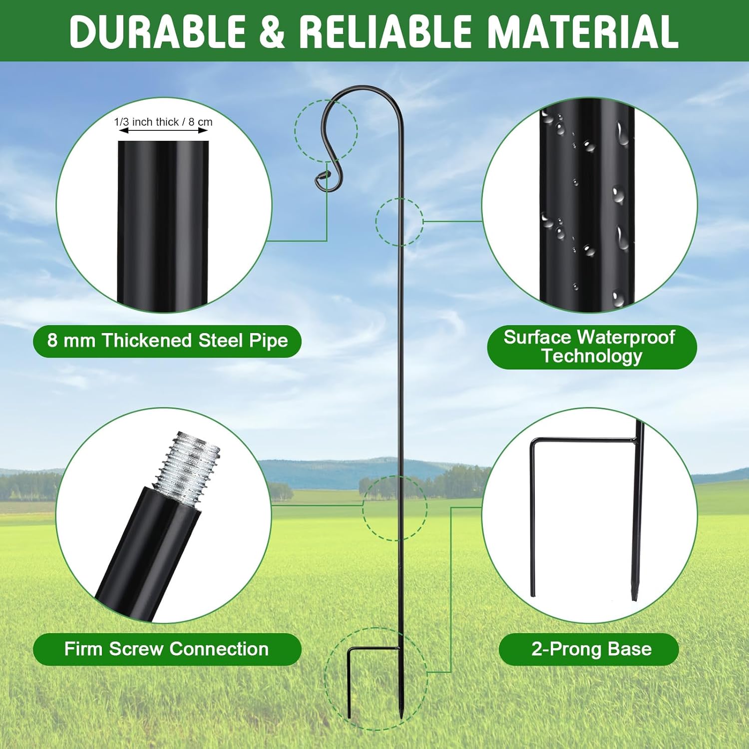 12 Pack Shepherd Hooks for Outdoor 48 Inch 1/3 Inch Thick Shepherd Metal Curled Garden Hook for Lanterns Hanging Plant Baskets Solar Lights Bird Feeders Wedding Decor, Black