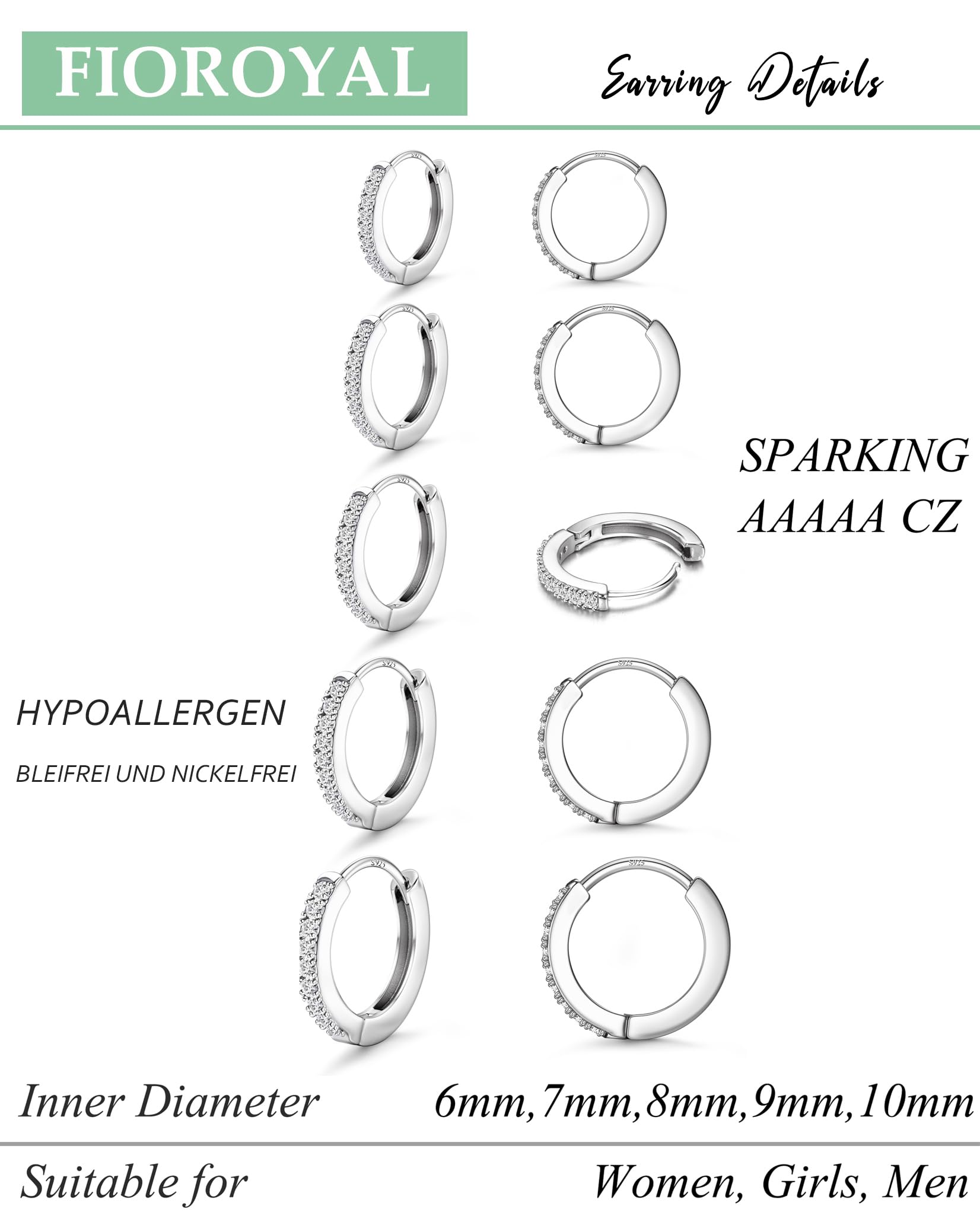 FIOROYAL 5Paia Orecchini Cerchio Argento 925 per Donna - Set Orecchini Cerchio Piccoli, Placcato Oro 14K Piccoli Orecchini Ipoallergenici Zirconi Cubici Orecchini Cerchio per Ragazze 6/7/8/9/10mm