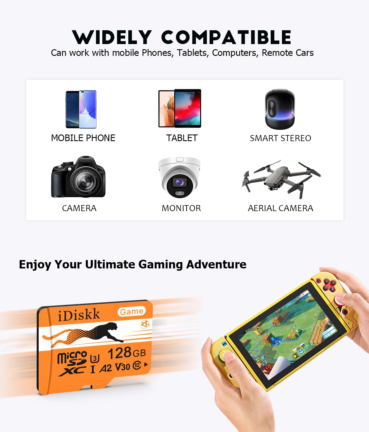 iDiskk Scheda microSDXC da 128 GB + adattatore SD, micro SD A2, scheda di archiviazione ad alta velocità 170 MB/s, UHS-I, classe 10, U3, V30, Full HD 4K UHD, scheda TF per telefoni, tablet, Dash Cam