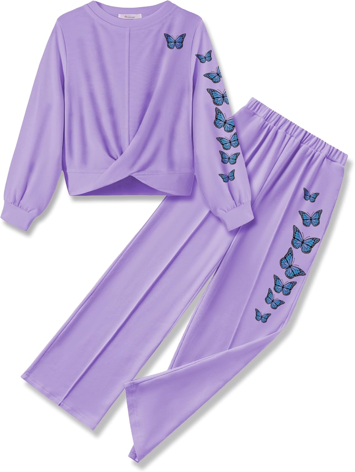 Arshiner Girls 2 Piece Outfits Sweatsuit Set Twist Front Sweatshirt Wide Leg photo similar Sweatpants Tracksuit with Pockets Purple 9-10 Years
