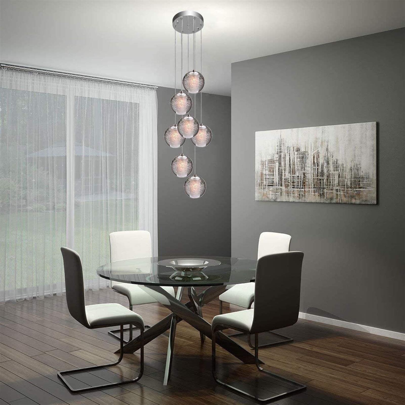 Nowoczesna szklana lampa wisząca LED, żyrandol G4 kryształowa kula wisząca lampa sufitowa z regulacją wysokości do salonu stół do jadalni schody sypialnia jadalnia (rozmiar: 7 świateł)