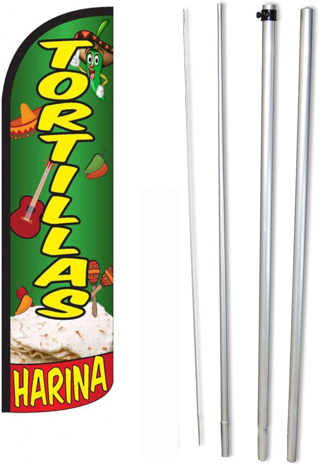 NEOPlex - "Tortillas" Feather Flag and Pole Set - Includes 12' Windless Swooper Feather Flag, and 15-Foot Flagpole (NO Mount)