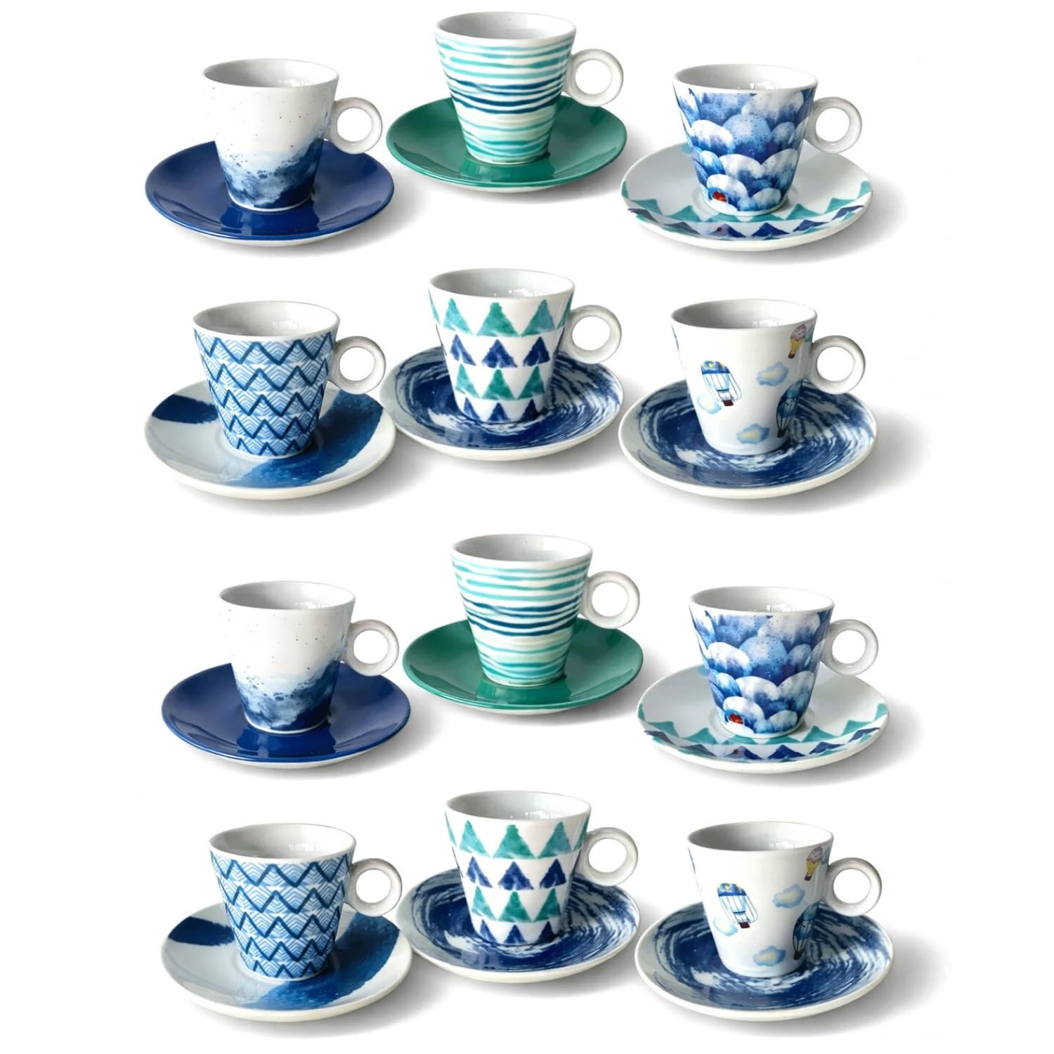 PALUPLUS Set 12 Tazzine Caffè con Piattino in Porcellana da 80 ml, Tazze da Espresso con manico, Lavabili in Lavastoviglie, adatte per Microonde, FANTASIA OCEAN -268