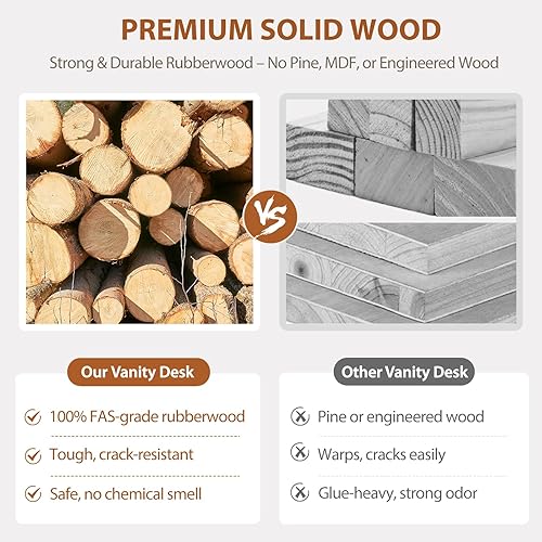 Miniatura 4 de Escritorio pequeño de madera maciza con espejo y luces, tocador de maquillaje estrecho para espacios pequeños, mesa auxiliar de tocador abatible, 3
