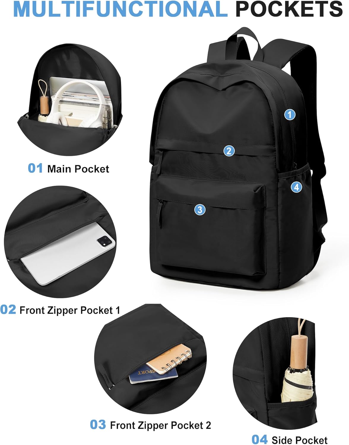 VGCUB Black School Backpacks Travel Book Bag Waterproof Work Light Aesthetic College Backpack for School Girls Boys Teens Mochilas Escolares Para Niñas Casual Daypack for Women Men - Image 3