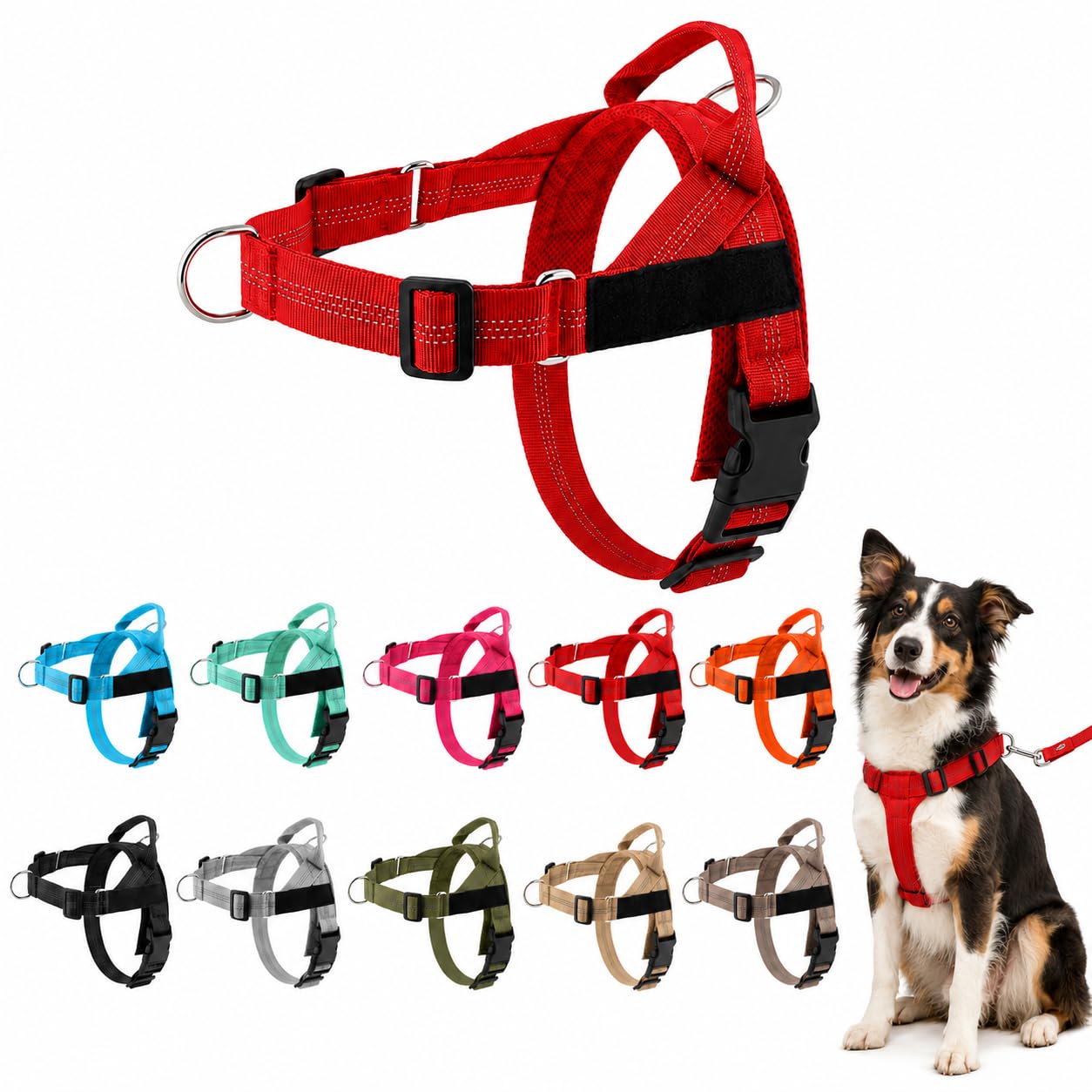 ParoPet No Pull Dog Harness — Adjustable Harness with Front Chest Clip, Lightweight Breathable Material and Reflective Details for Medium and Large Dogs, Walking, Training and Travel (Red,L)
