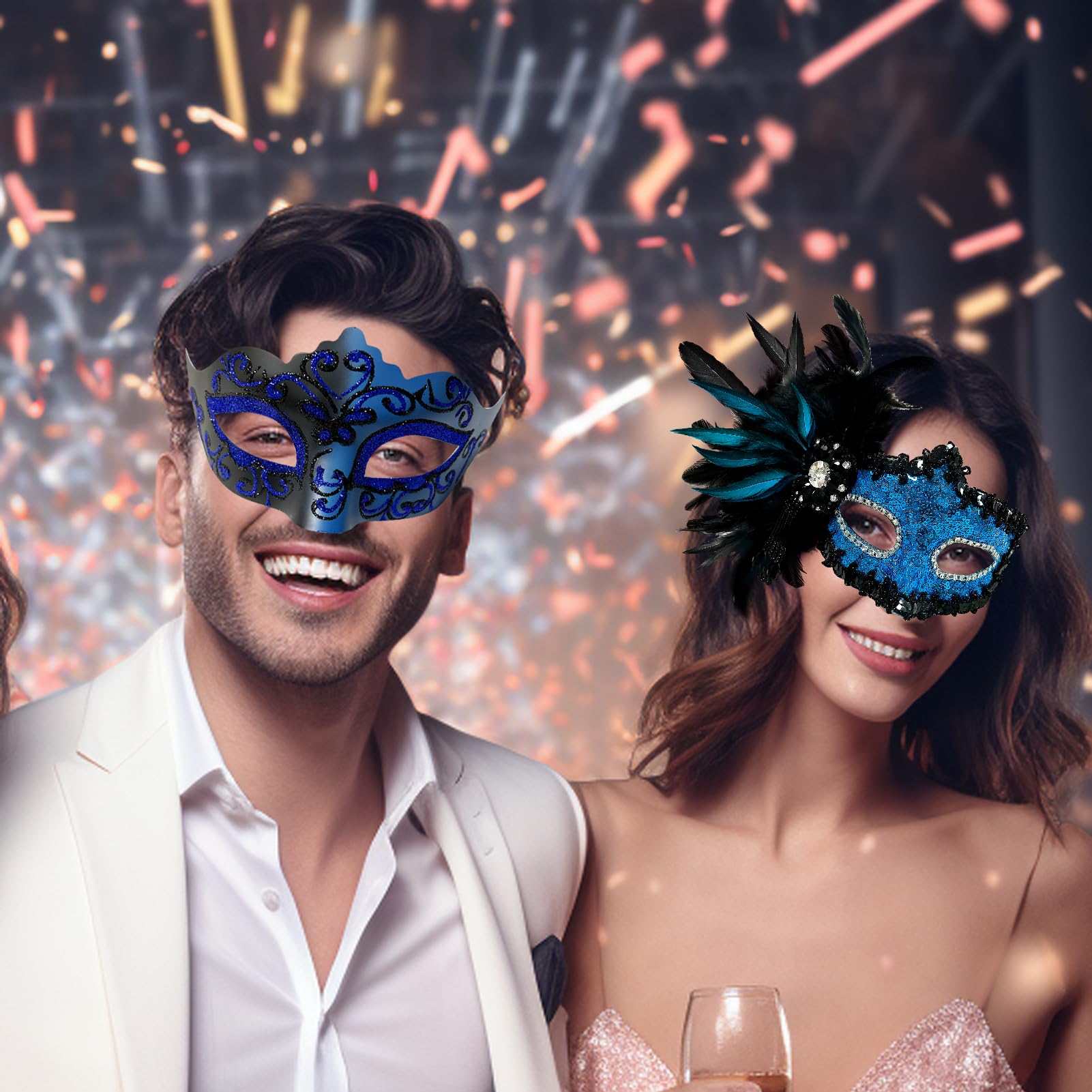 Allruyee 2025 New Masquerade Mask for Couple - Masquerade Mask Women with Feathers & Venetian Mask Men for Mardi Gras Party(Blue) - Image 4