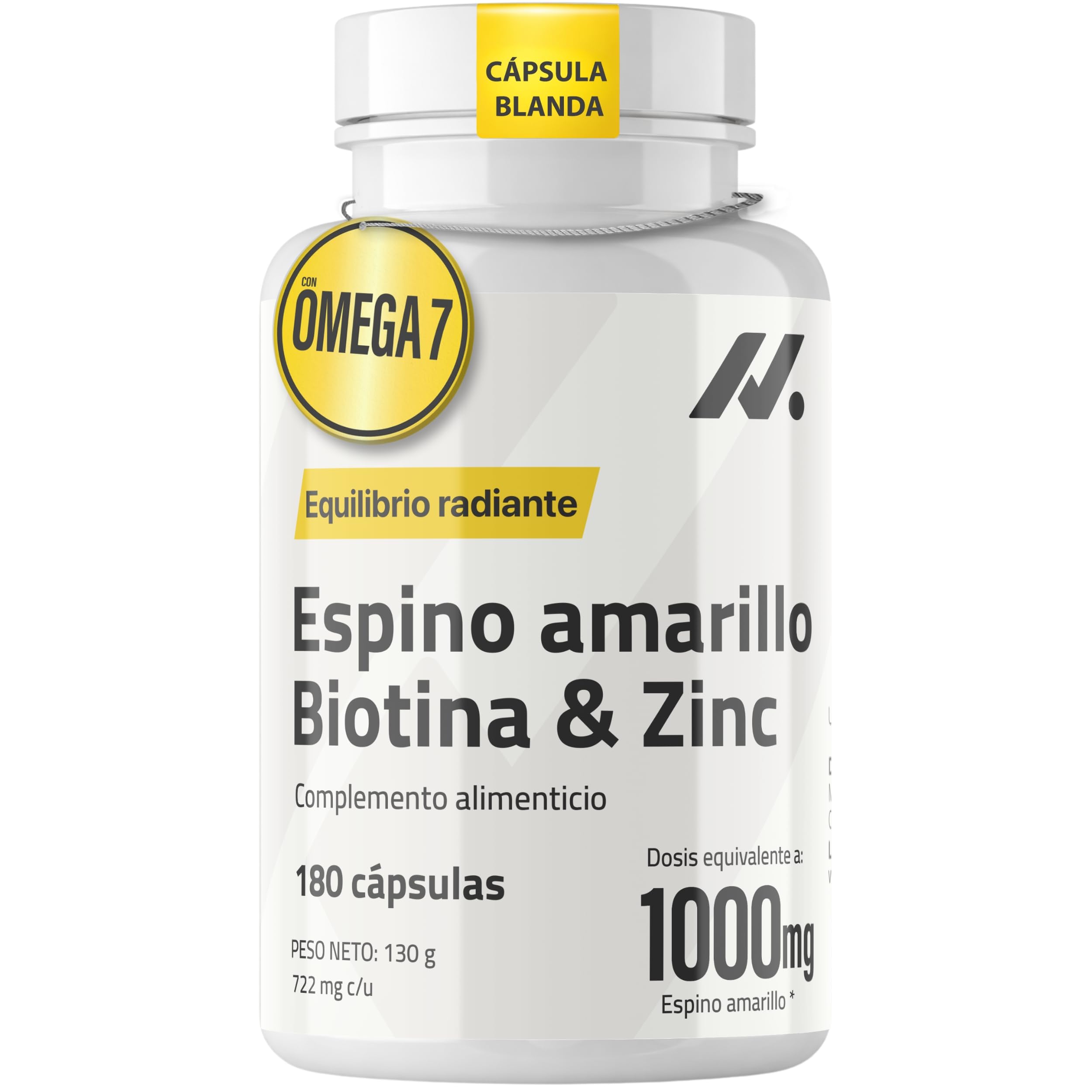 Omega 7 de Espino Amarillo con Biotina - Cabello, Piel y Uñas - 180 Perlas | Cabello, piel, uñas y mucosas, aceite de espino amarillo 1000 mg, omega 7 natural, biotina 5000 mcg con zinc, vegano