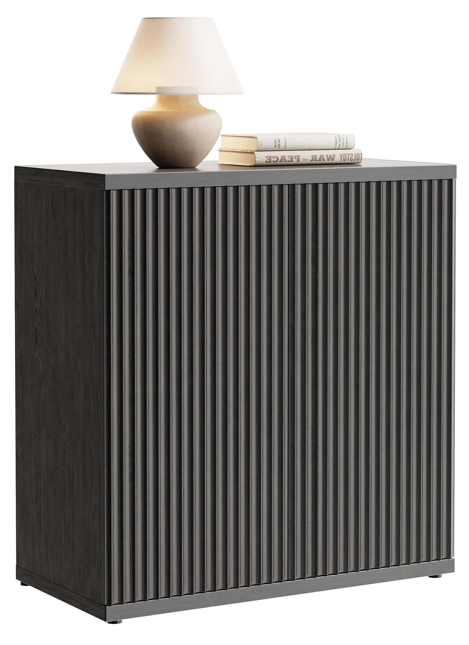 Fluted Buffet Cabinet Sideboard with Storage,Wooden Credenza with 2 Doors&Adjustable Shelve, Modern Accent Cabinets Coffee Bar Bookcase for Living Room,Kitchen Dining Room Entryway 15"D Black