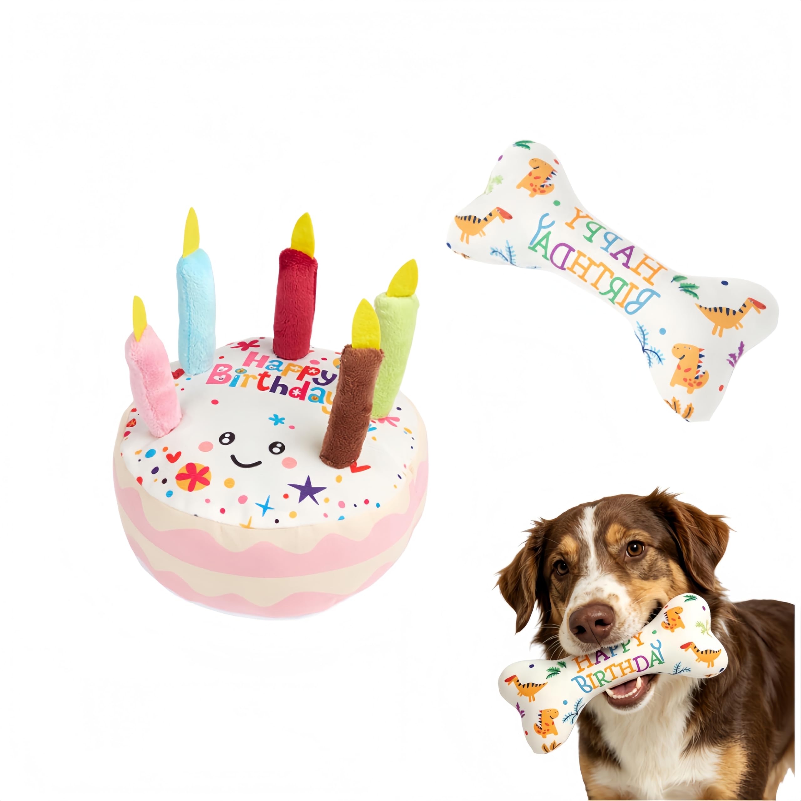 LEBKFT Dog Birthday Cake Toy Set, 2 Pack Squeaky Plush Dog Toys Interactive Birthday Cake & Bone Toys for Puppy Small Medium Dogs Soft Chew Toys for Birthday Celebration Party Photo Props Dog Gifts