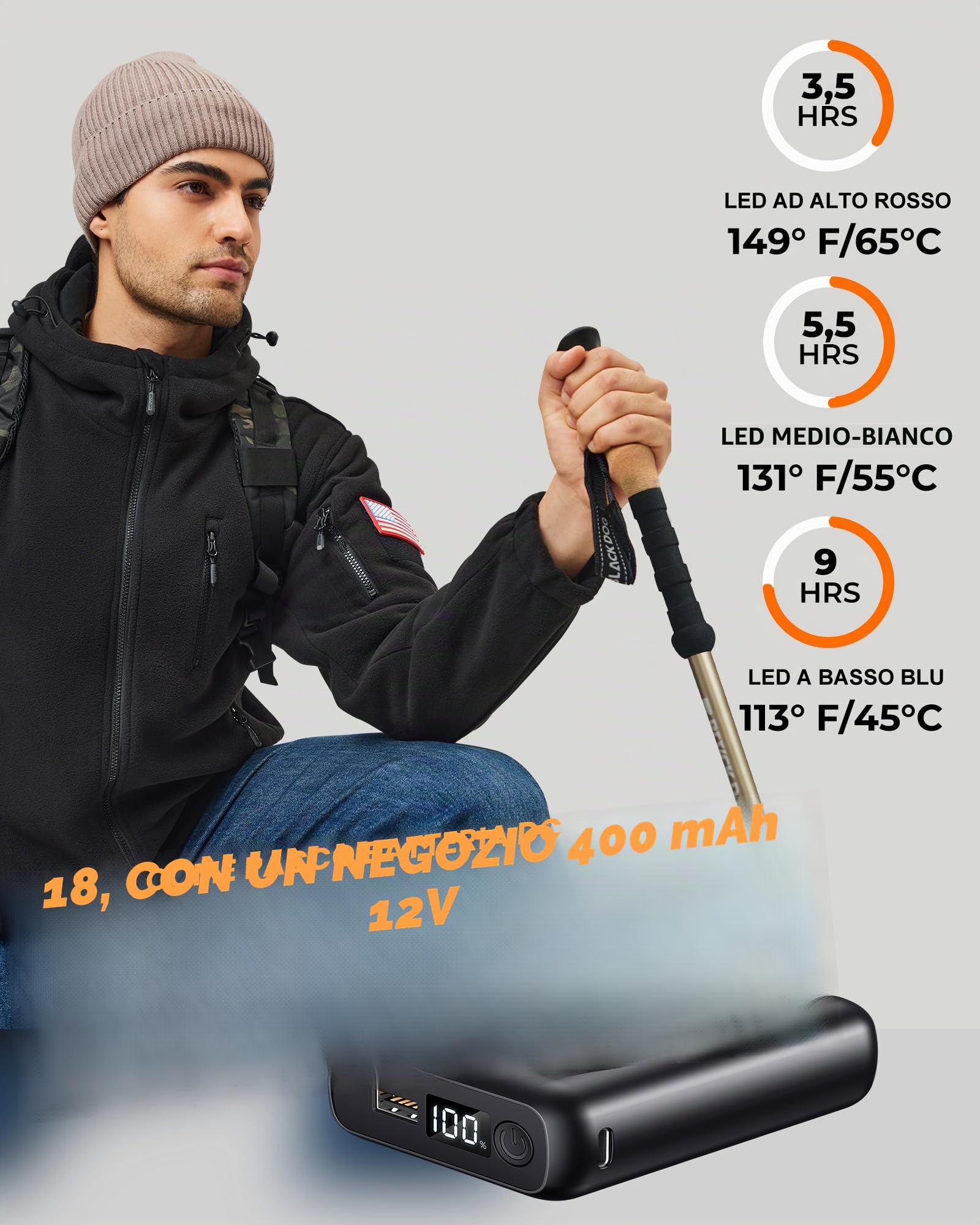 Pile Giacca Riscaldata Uomo Con Power Bank 12v 18400mah, 8 Zone Di Riscaldamento Giacca Riscaldamento Elettrico Con 3 Livelli Di Temperatura,Cappotto Invernale con Cappuccio,L