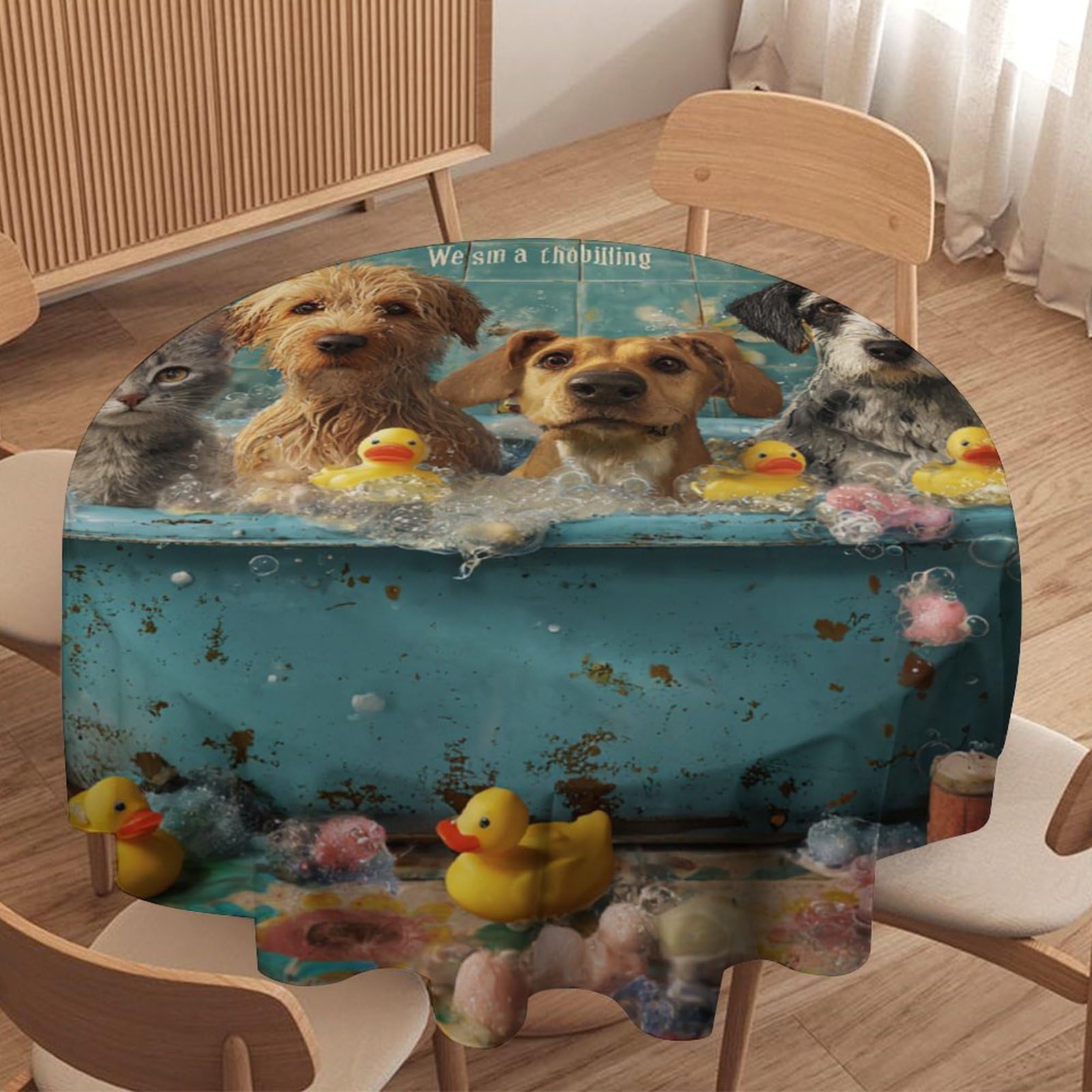 LUYYSKY Cute Watercolor Animals Puppies Kitten Waterproof Round Tablecloth Modern Aesthetic Bathroom Art Pet Cats Dogs Pattern Washable Table Cover for Kitchen-152.4" Wx152.4 L cm