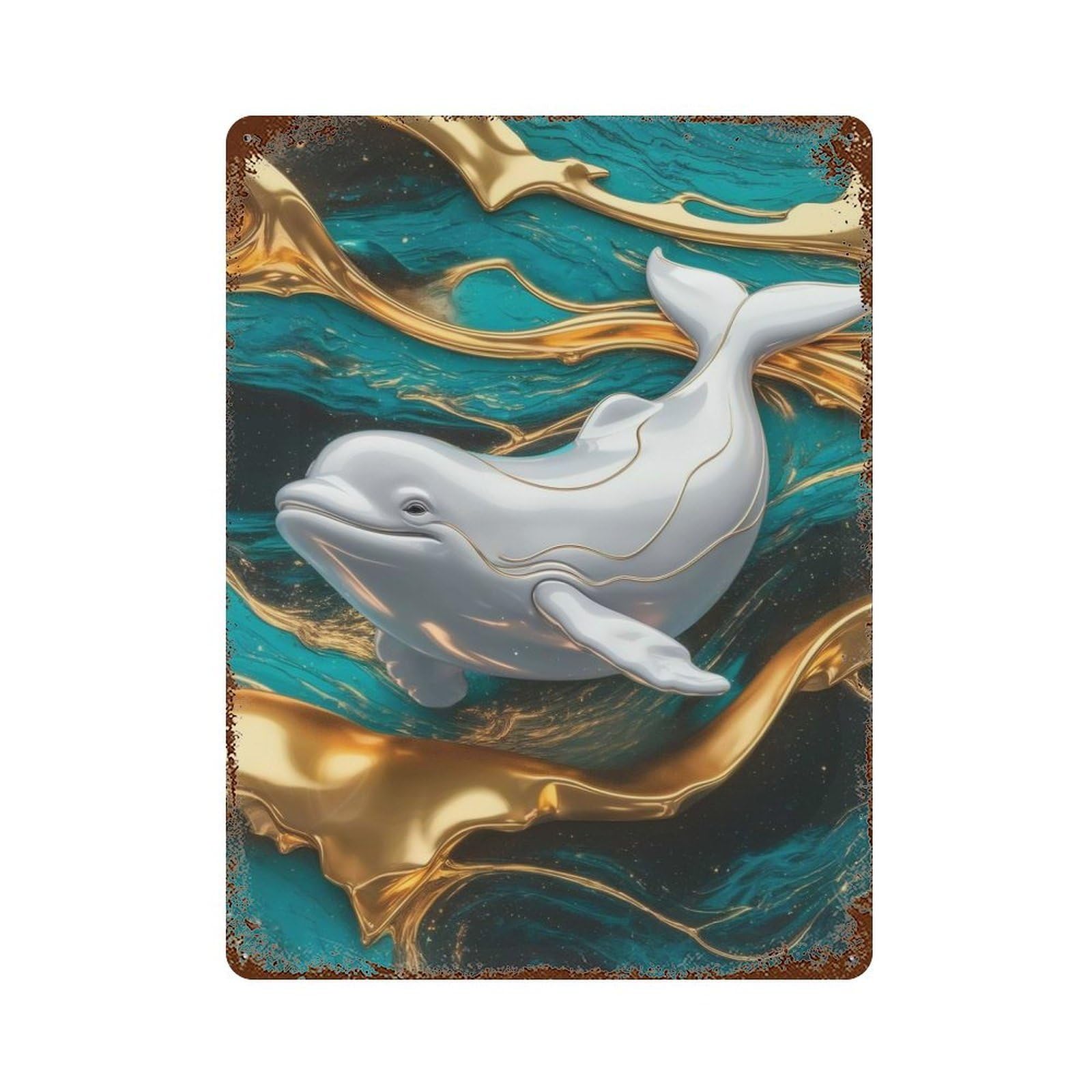 Elegant Beluga Whale with Golden Accents Weathered Tin Sign 15.7"x11.8", Novelty Wall Decor for Garage, Pub Or Kitchen