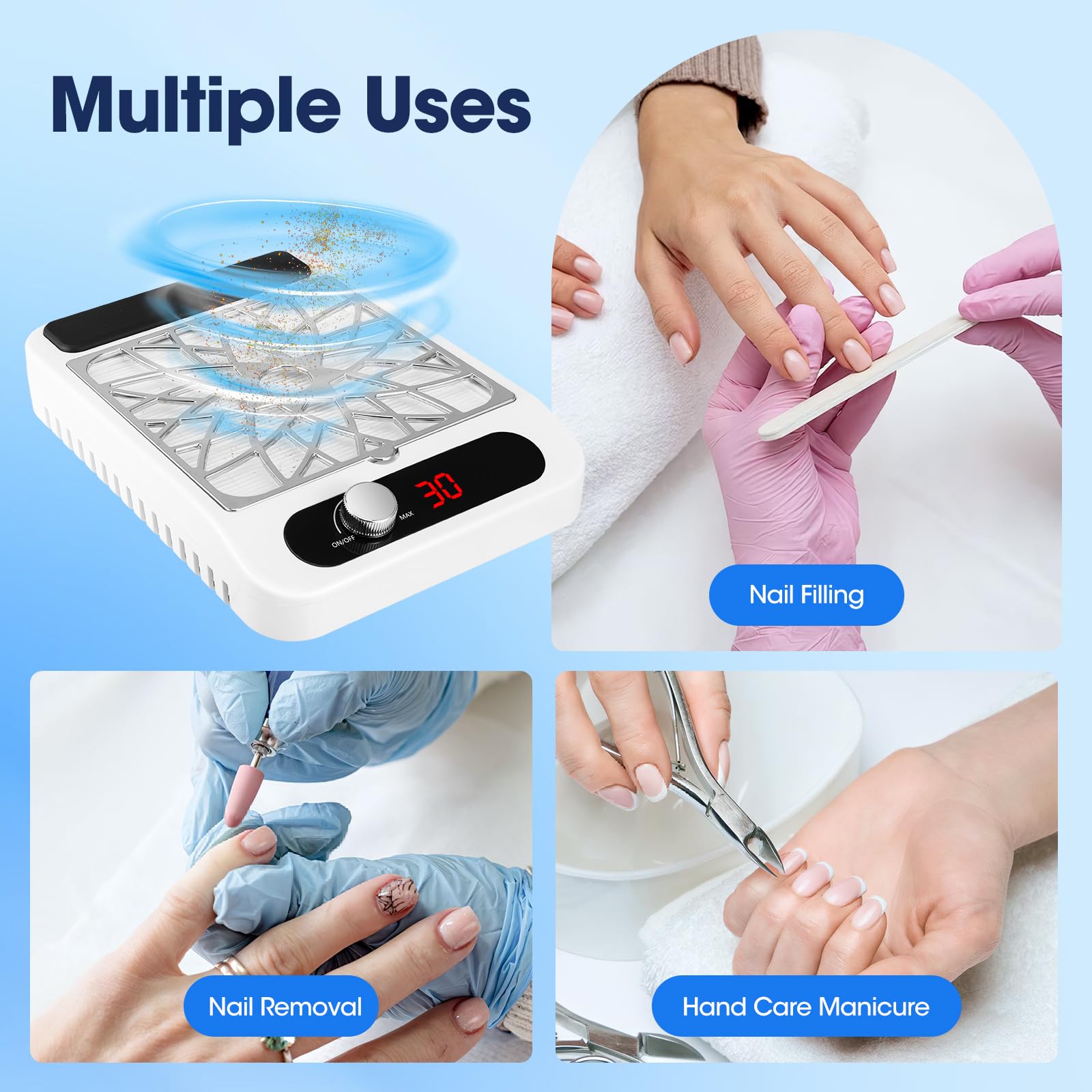 Aspiratore Unghie Professionale 80W, Aspiratore per Unghie con Filtro e Cuscinetto, Collezionista di Polvere per Unghie per Manicure in Soggiorno o Casa Bianco
