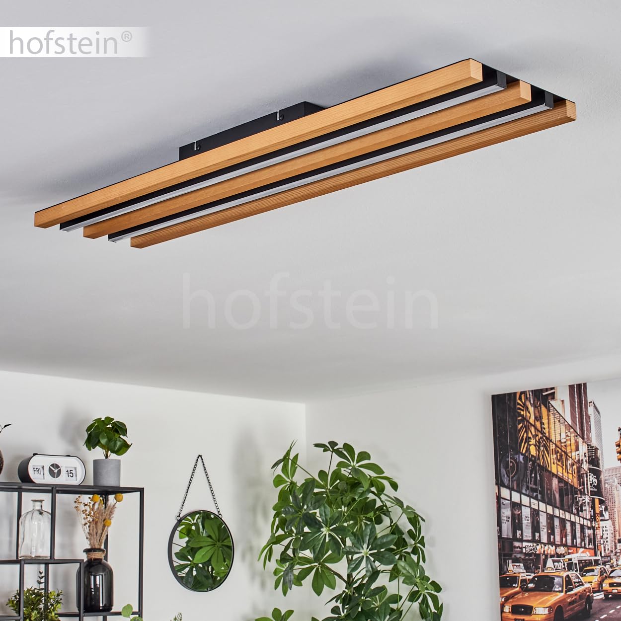 LED Deckenleuchte Favorina, dimmbare Deckenlampe aus Metall/Holz/Kunststoff in Schwarz/Natur/Weiß, 30 Watt, 3400 Lumen, 3000 Kelvin, Länge 81 cm, dimmbar über Lichtschalter