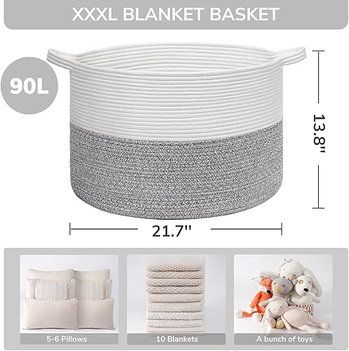 Vista 207 de INDRESSME - Canasta extragrande para ropa sucia de cuerda de algodón, cesta tejida decorativa con asas para guardería y sala, contenedor para Gris