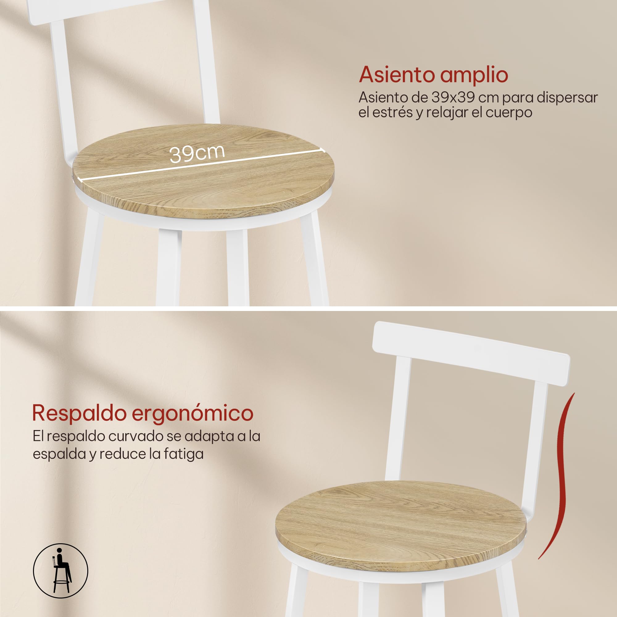 WOLTU Taburetes Bar Juego de 2, Taburetes Altos Cocina con Respaldo Bajo y Reposapiés, para Comedor, Cafeteria, Barra Cocina, Roble Claro