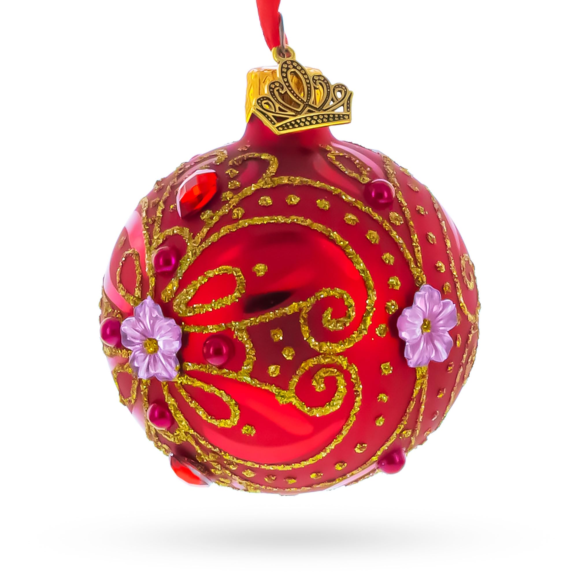 Bola de cristal roja y dorada con detalles de pergaminos y gemas de 6 cm