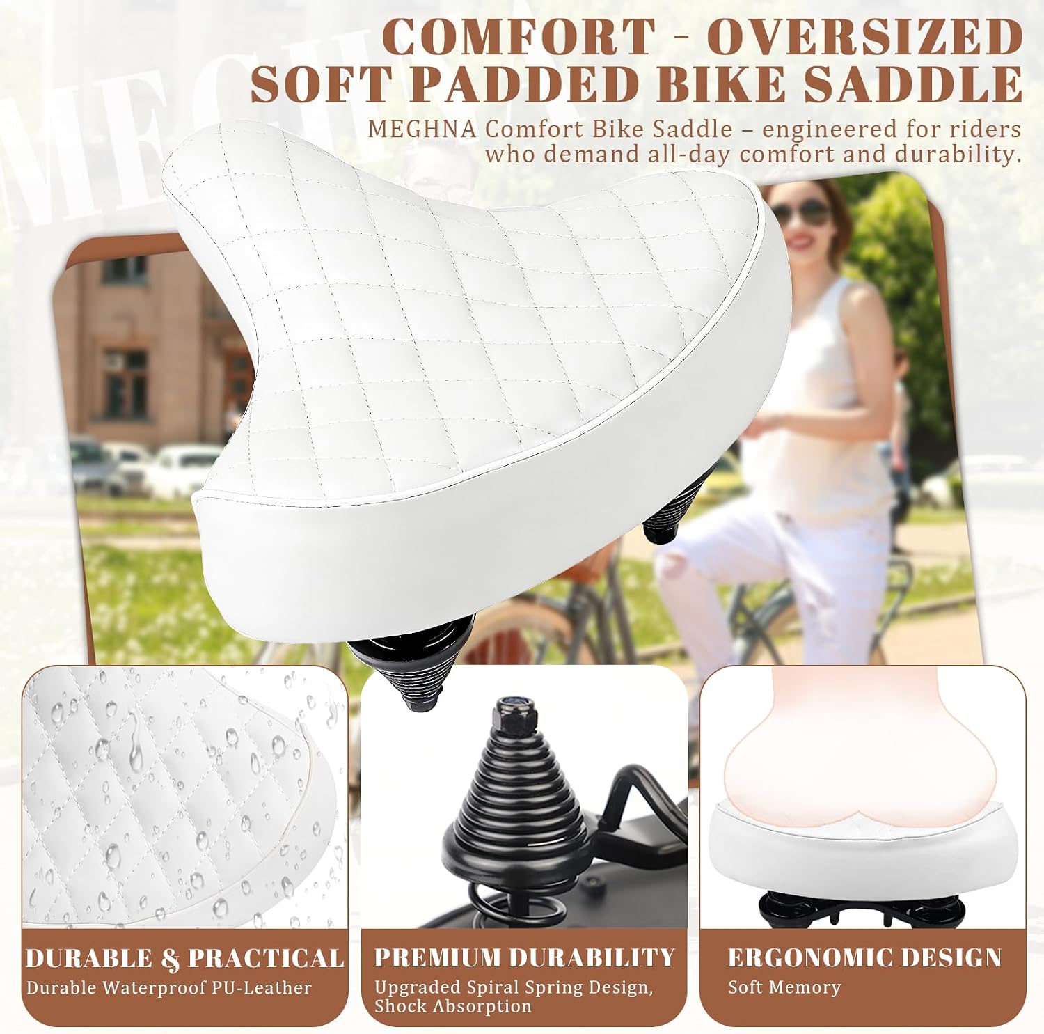 Bike Seat Wide Bicycle Seats for Men Women, Comfortable Soft Oversized E Bike Saddle Cushion Replacement for Cruiser Bikes, MTB, City Bike, Tricycle,Exercise Cycle, White
