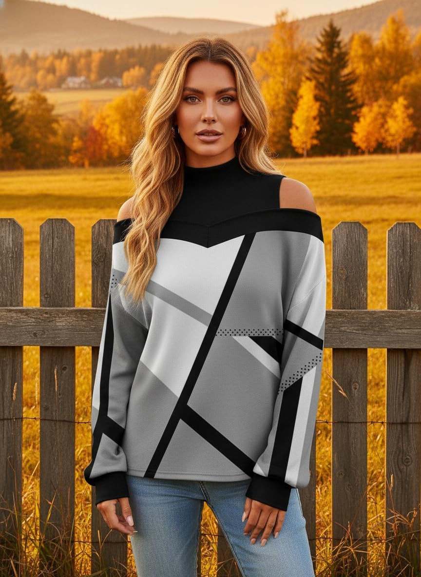Womens Boho Cold Shoulder Long Sleeve Sweaters Sexy Mock Neck Knit Tops Plaid Geometric Pullover for Women Fall Winter Spring - Image 4