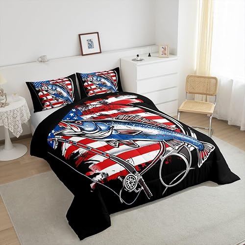 Miniatura 4 de Juego de edredón con bandera estadounidense, juego de ropa de cama de pesca de granja para niños, niñas, adolescentes, decoración de peces salvajes,