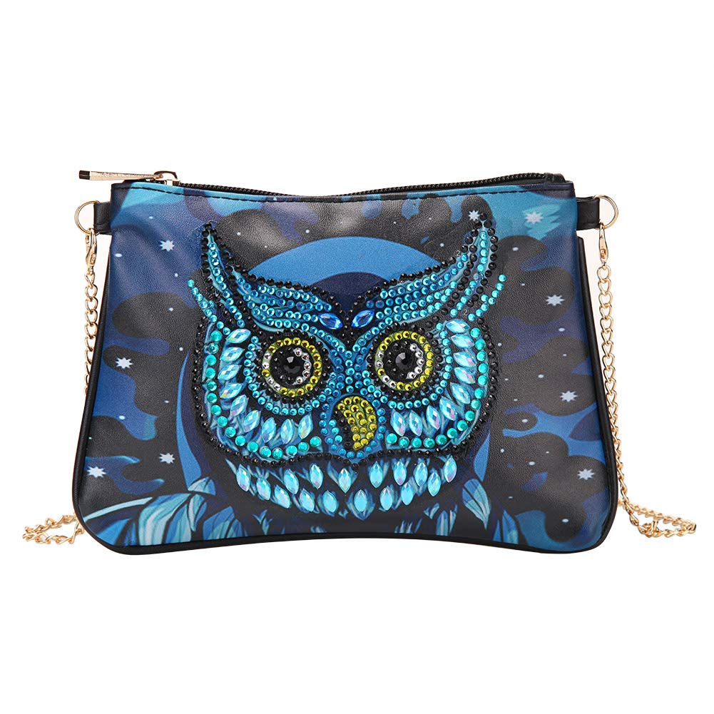 MWOOT 5D Eule Diamond Art Painting Cross-Body Tasche mit Kette, DIY Owl Diamond Art Painting Handbag, Diamant Malerei Leder Münze Geldbörse Unterarmtasche für Mädchen Frauen Party Travel