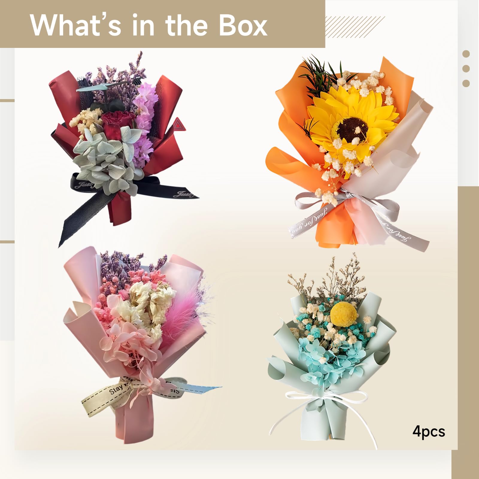 Lot de 4 Mini Bouquets de Fleurs séchées, Clip d’aération pour Voiture, Fleurs éternelles Faites Main, pour Elle, déco Maison et Voiture, 10 x 15 cm