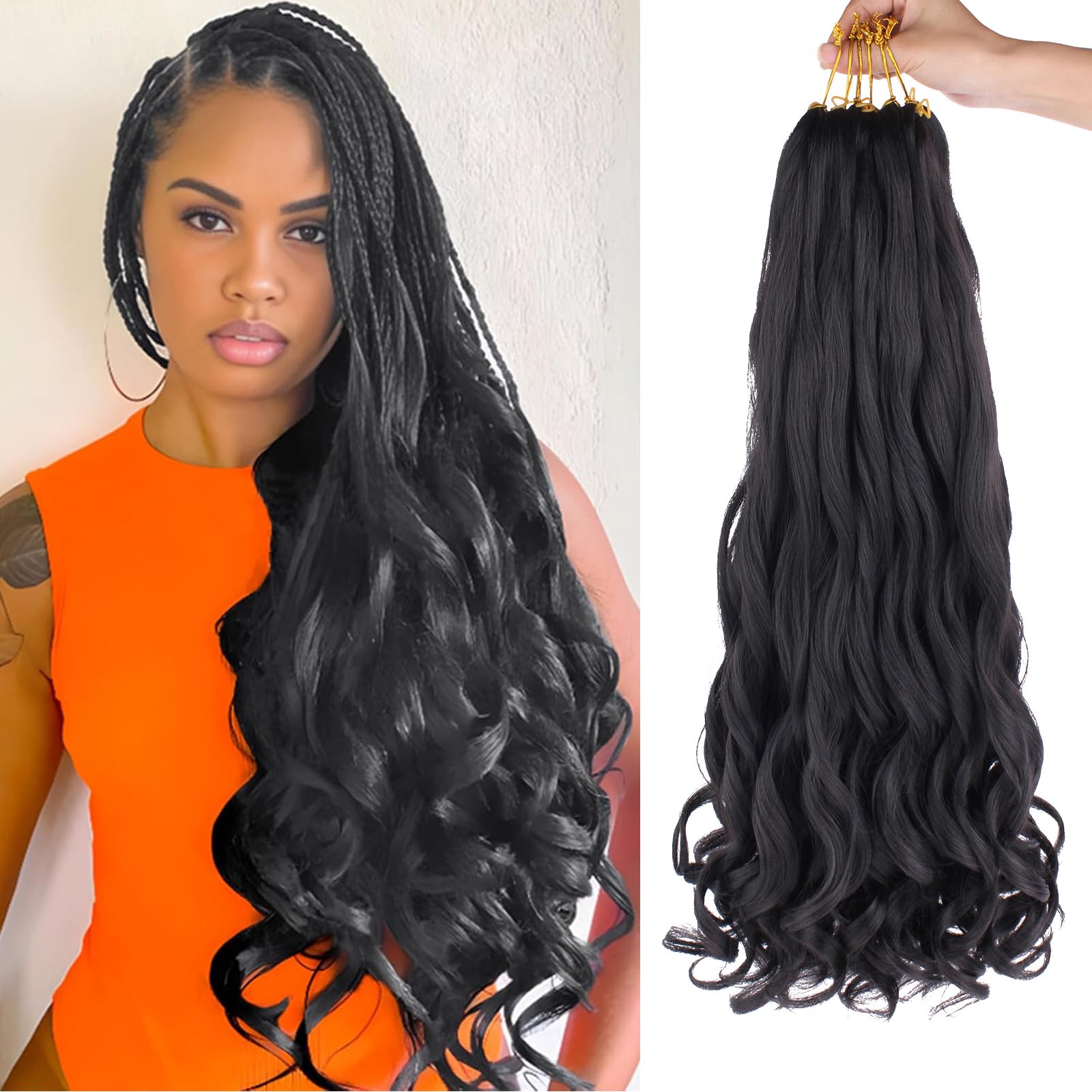 Mscat 18 Inch 8 Packs Pre Stretched French Curly Braiding Hair Loose Wave Bouncy Hair Extensions 1B#, 18 Inch (Pack of 8)