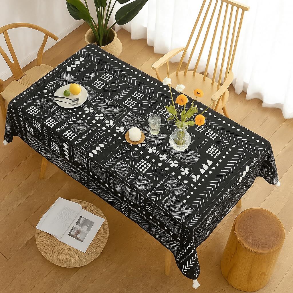 WWW.THROWPILLOW.IN Black Tribal Corner Tassel Boho Printed Dining Table Cover Rectangle Shape 52"x132", Anti Skid Table Cloth for 7 Feet Center Coffee Table Cover|Living Room Diwali Decor