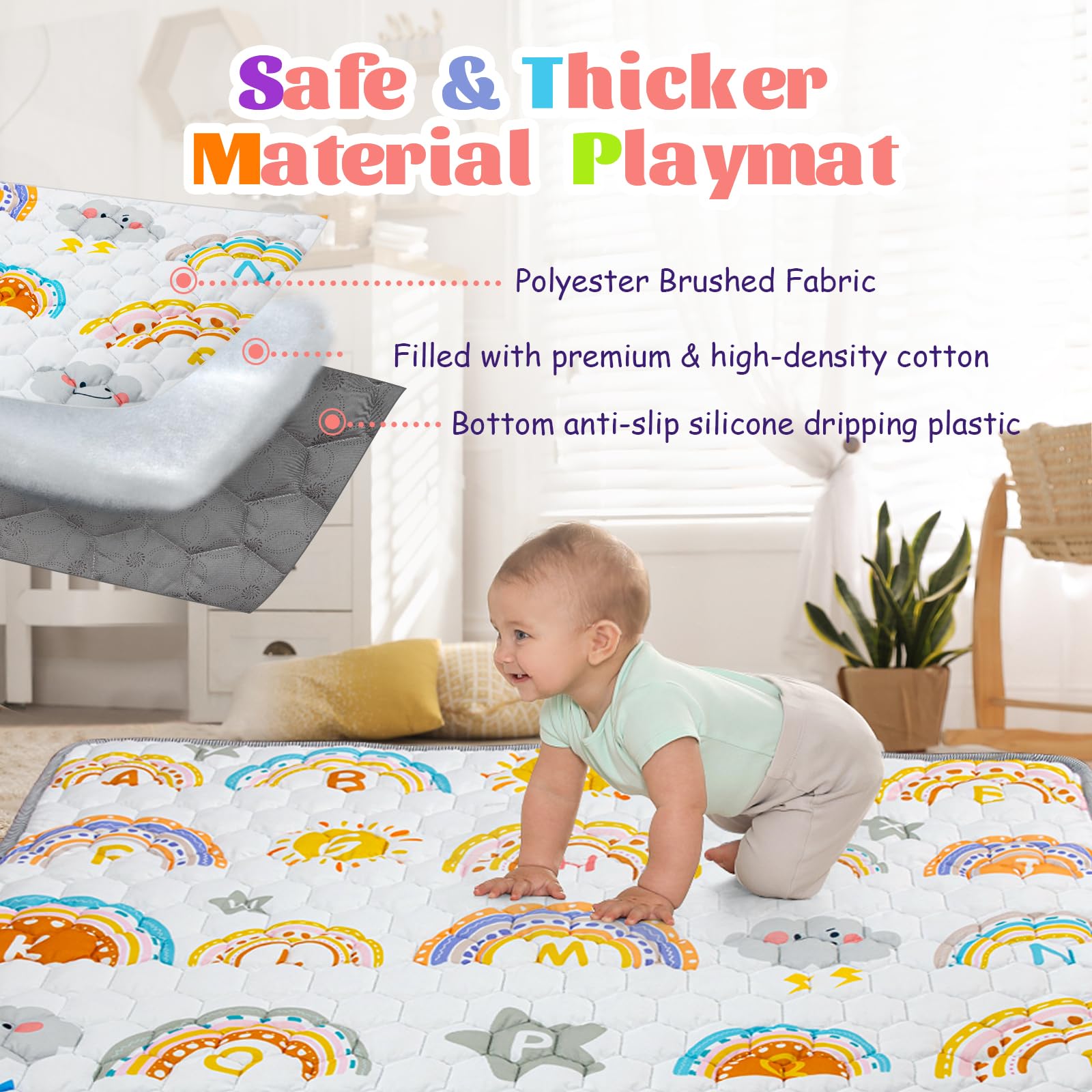 Funsland Tappeto Gioco Bambini 127x127cm - Tappeto Neonato Gattonamento, Pieghevole Morbido & Spessa Tappeto Tummy Time Neonati, Arcobaleno Tappeto Gioco Sensoriale Interattivo per Bambini 1 2 3 Anni