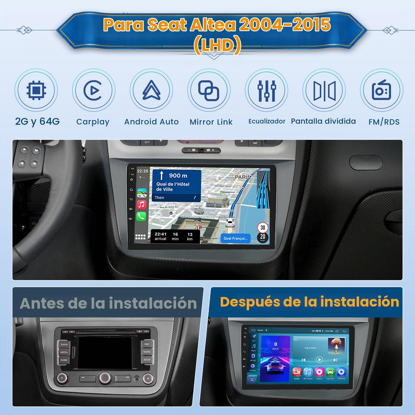 Inefala 2+64G Android 15 CarPlay Radio para Seat Altea 2004-2015, Pantalla Táctil de 9 Pulgadas con Inalámbrico CarPlay y Android Auto, Soporte Navegación GPS Mirror Link Bluetooth RDS AHD Wi-Fi DSP