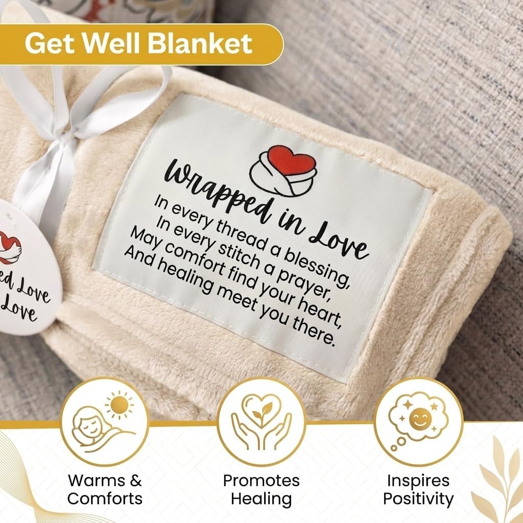 Get Well Soon Gift Blanket for Women Men - Healing Blanket with Inspirational Message - Cozy Get Well Gifts for Women After Surgery, Chemo Care, Cancer Recovery - Soft Fleece Throw, Light Beige 50x65