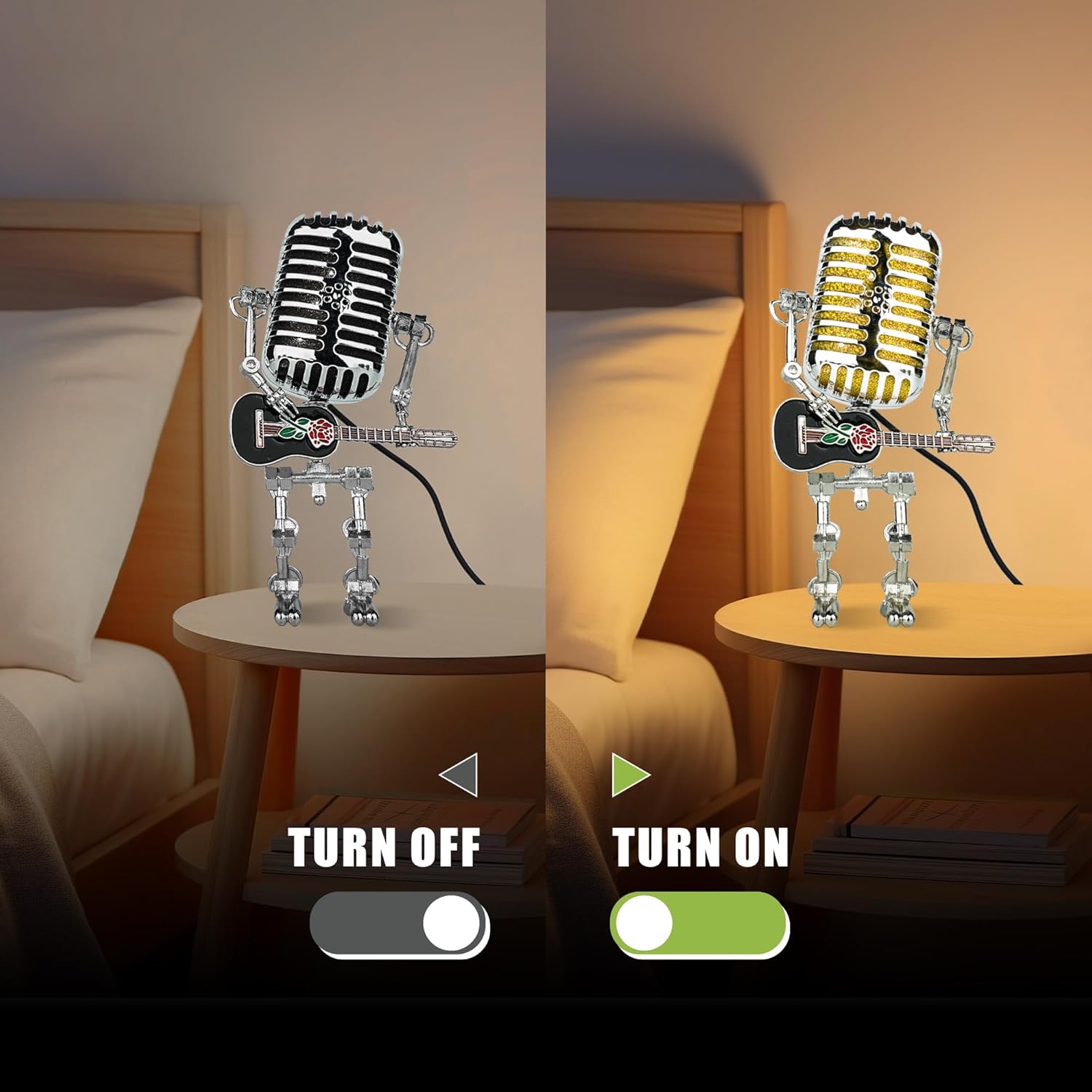 Xmpmrp Vintage Microphone Robot Lamp, Metal Microphone Robot Lamp with Mini Guitar, Vintage Light Home Decor Nightstand Desk Lamp for Bedroom, Bar, Restauran (Black - Image 3