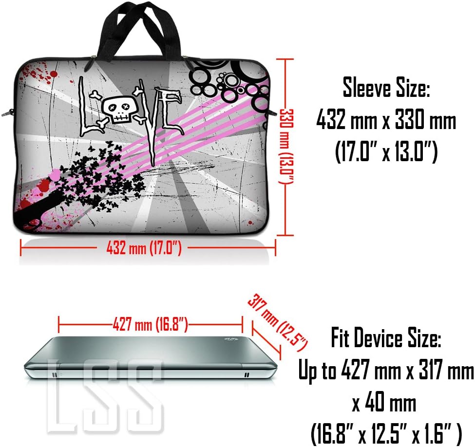 Laptop Skin Shop 16" - 17.4" Neoprene Laptop Sleeve Bag Carrying Case with Handle - Love Skull Floral