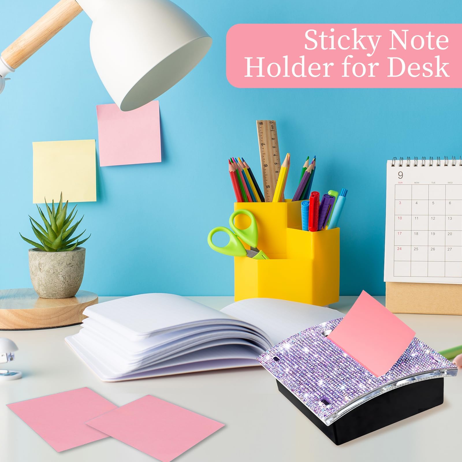 Dispensador de notas autoadhesivo con diamantes de imitación, dispensador de notas adhesivas, dispensador de notas adhesivas de 4 x 4 pulgadas para escritorio (morado)