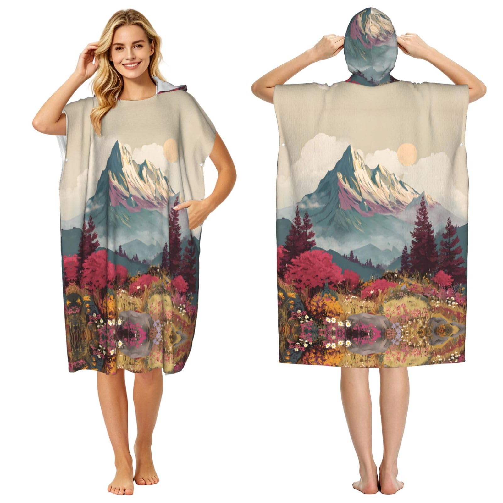 ESNAIUVCD Mountain Print Changing Robe, Hooded Towel Poncho For Swimming Pool, Beach,Quick Dry Light Weight Towelling Poncho