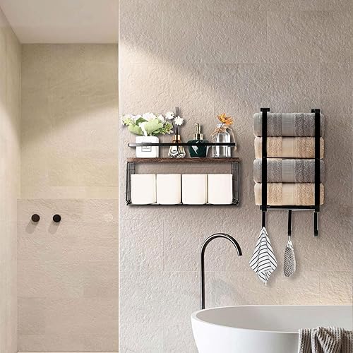 Miniatura 5 de Toalleros para baño, toallero montado en la pared para toallas enrolladas con estante de madera y 3 ganchos, almacenamiento de toallas de baño para