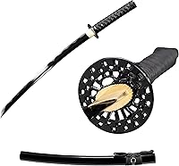 Vista 8 de Yu Qin - Espada samurai pura hecha a mano, acero de resorte 9260, 41.31.21 pulgadas, juego de espada completa, afilada, katana negra