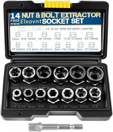 Bolt Extractor Kit, 14Pcs Cr-Mo Steel Bolt Extractor Set, 3/8" Drive Impact Bolt & Nut Remover Socket Tool Kit, Stripped For Damaged, Frozen, Studs, Rusted, Rounded-Off Bolts, Nuts & Screws