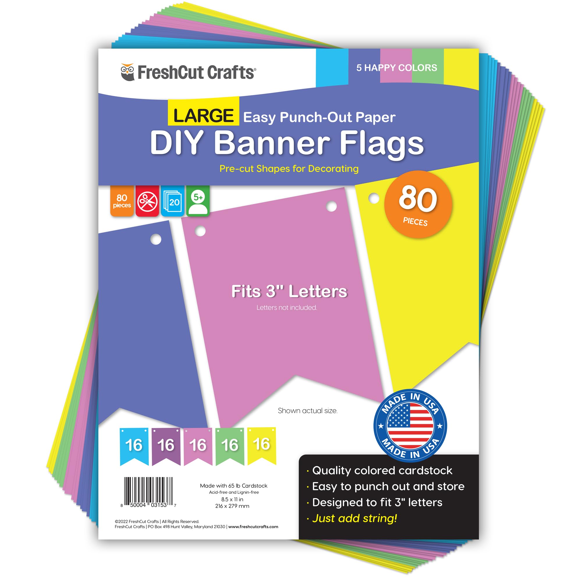80 pcs Paper DIY Banner Flags Happy Pennant Banners, Large (3.75 x 5 in), US Made Card Stock Punch Out Blank Pennants for Party Decorations, Kids Birthdays, Classroom, Celebration, Festive Parties