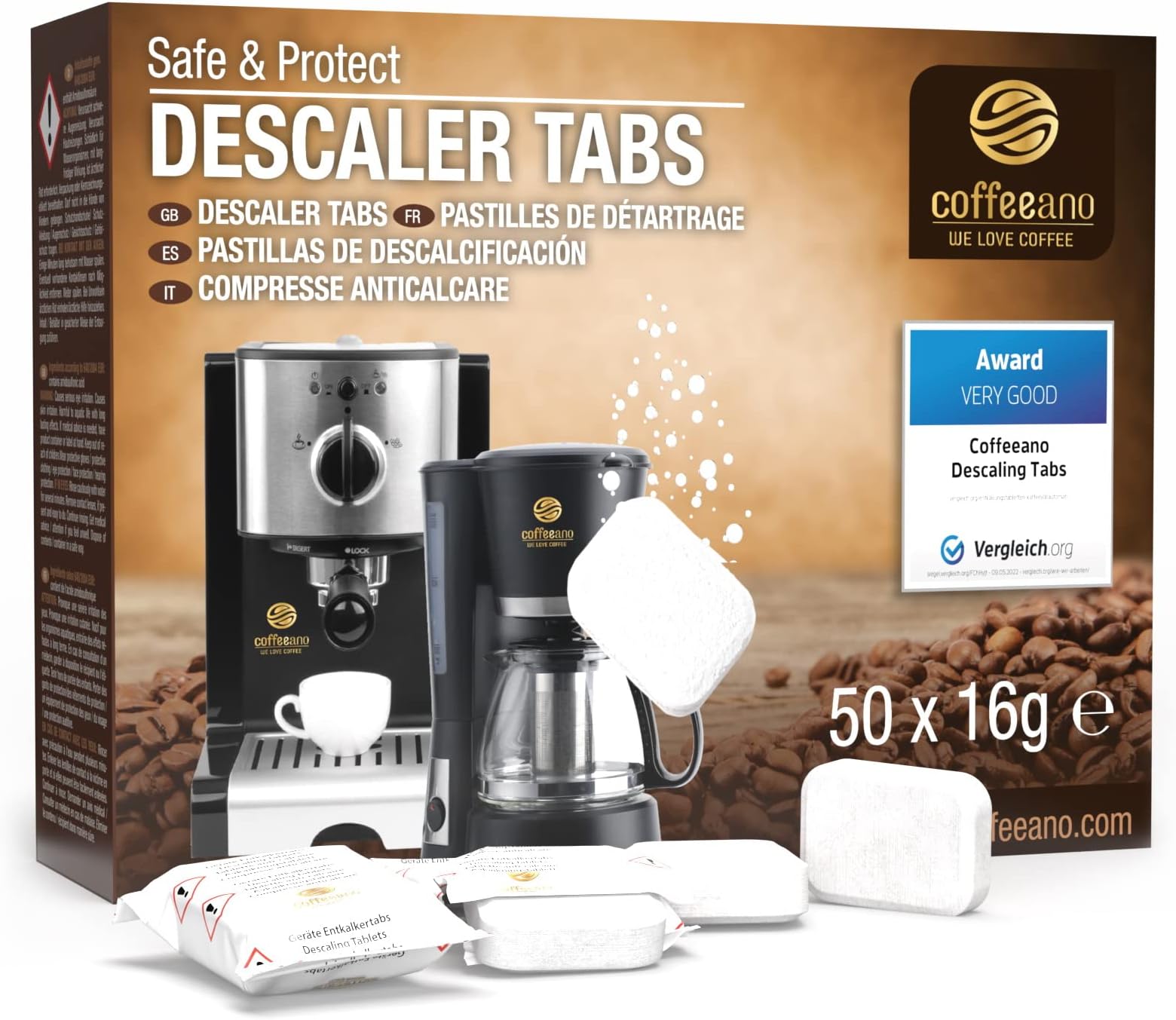 50x descaling tablets XL for fully automatic coffee machines and coffee makers. Descaling tabs compatible with Jura, Siemens, Krups, Bosch, Miele, Melitta, WMF and many more