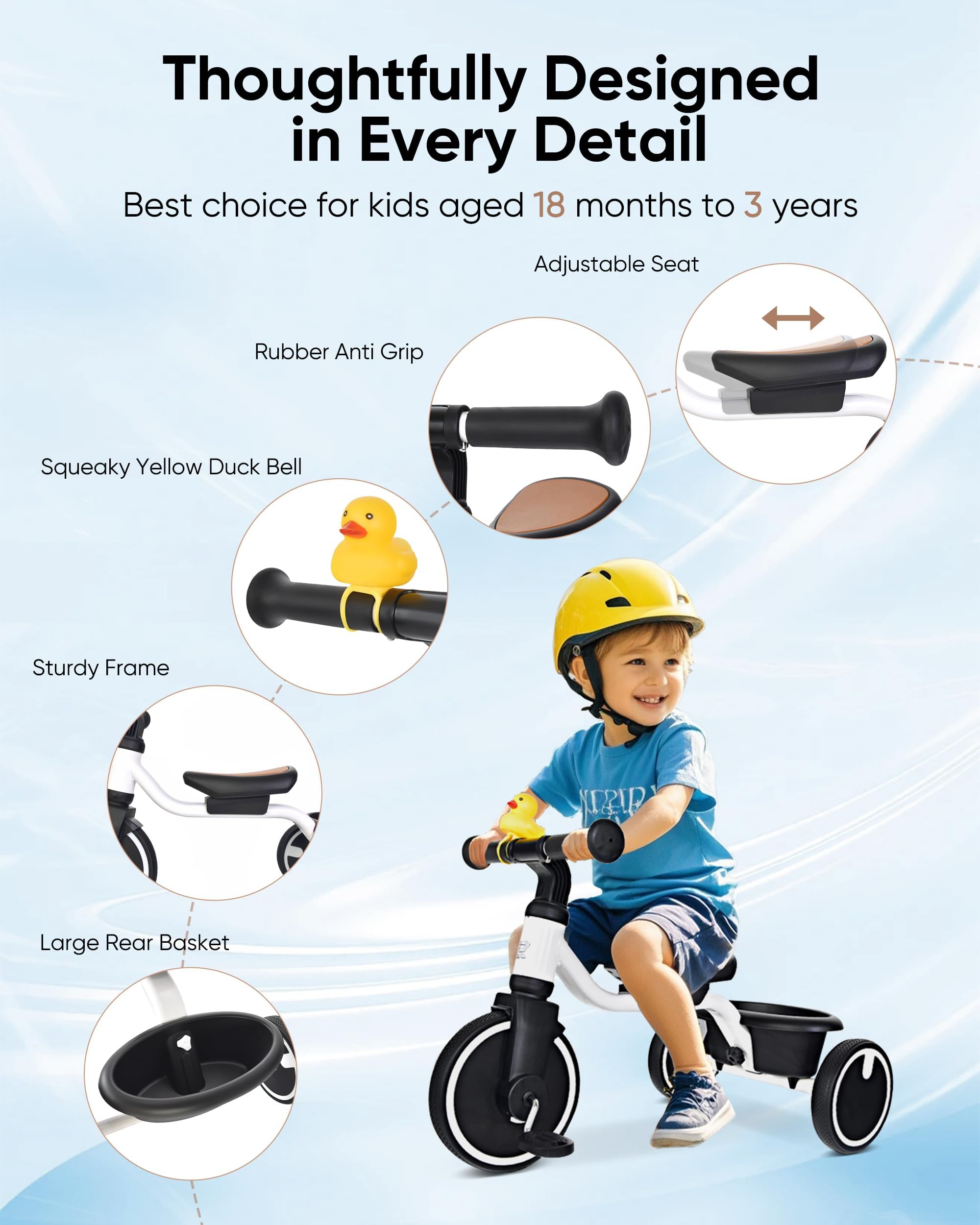 Triciclo para niños pequeños de 1.5 a 3 años, triciclos para 18 meses a 3 años con neumáticos de poliuretano, conducción estable en cualquier superficie, triciclo para niños pequeños con 2
