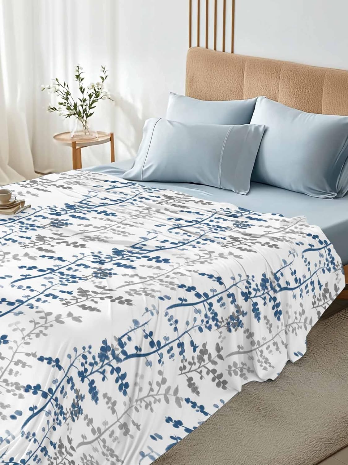 Navy Blue Grey Botanical Twin Size Flat Sheet Only, Hotel Luxury Microfiber Bed Top Sheets, Spring Floral Summer Farmhouse Soft Breathable Bedding Sheet for Bedroom, Easy Care - 66" x 96"