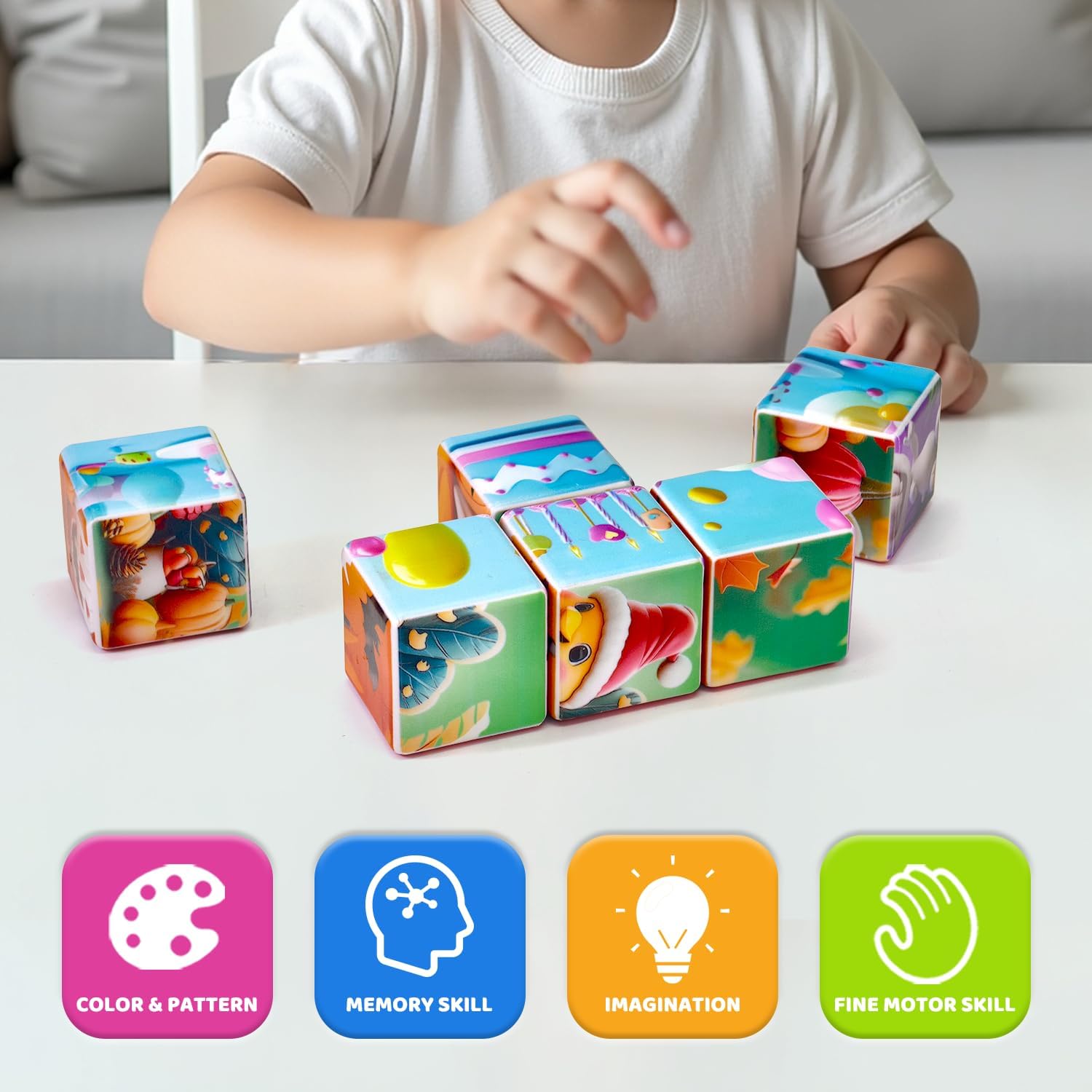 Pairez Toys Magnetic Blocks, Large 1.65 Inch Puzzle Cubes for Toddlers 3-5, Sensory Building Toys, 6 Patterns in Holiday Themes Christmas Easter Halloween