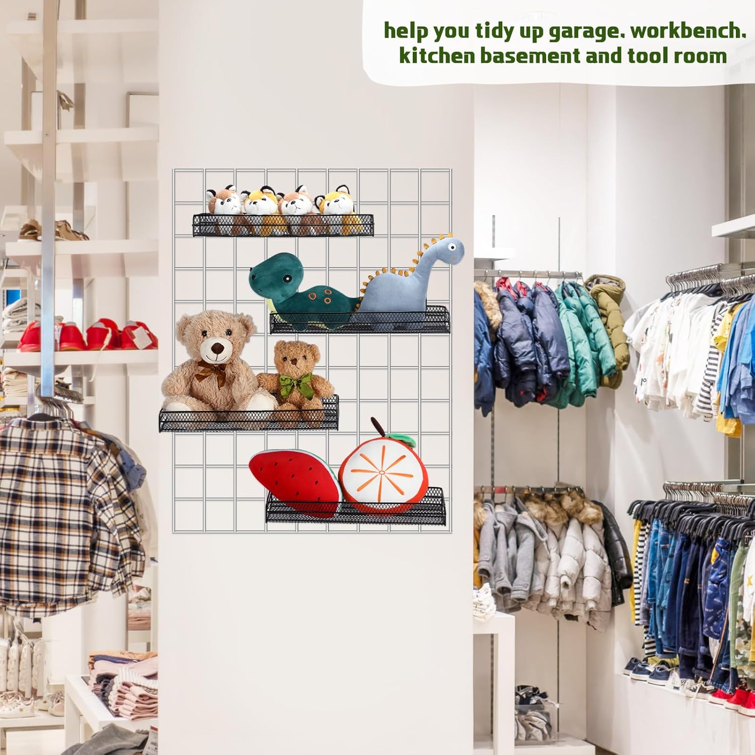 4 Pcs Black Metal Grid Wall Baskets with Hooks Hanging Wire Mesh Basket for Gridwall Wall Mounted Storage Organizer for Home Kitchen Organizing Display