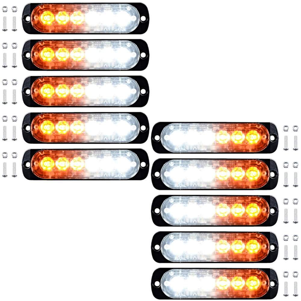 10X 6-LED Ultra Slim Super Brigh White Amber 16 Flasing Emergency Warning Strobe Light