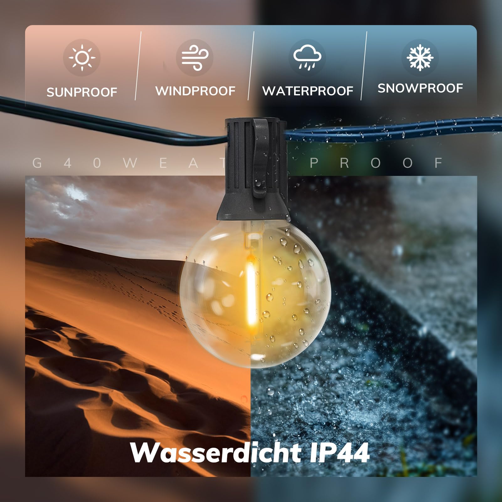 Achin LED Lichterkette Außen 30 Meter – 50+3 G40 E12 Birnen, IP44 Wasserdicht, Warmweiß 2700K
