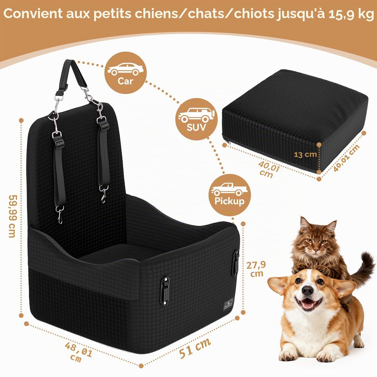 PETSFIT Siège Auto pour Chien, pour Chiens Petits/Moyens jusqu'à 15kg – Système de Sécurité Breveté, Coussin Mémoire de Forme 13cm, Housse Lavable, Coussin Double Face, Idéal pour Voyage– Noir & Gris