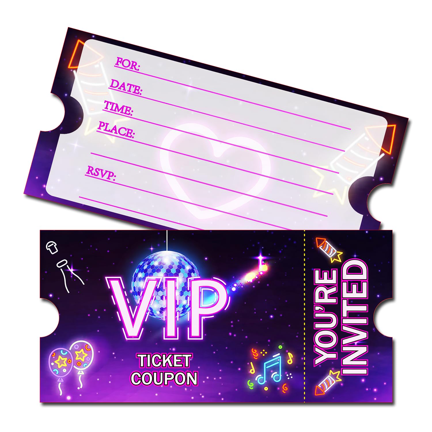 20PCS Neon Rainbow VIP Party Invitations Kids, Double-Sided Birthday Party Invitations, Colorful VIP Invitation Cards for Kids Birthday Game Nights Disco Festival Rave Parties, 3.5 x 7.1 in