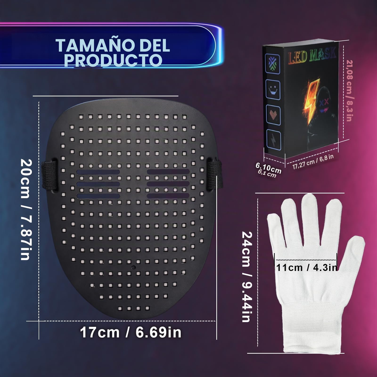 Mascara Led Guantes Set 2026 Disfraz juguetes niños 8+ años | Recargable Con Detección De Gestos Light Mask, Full Face Cos Regalo Navidad For Adulto Hombre